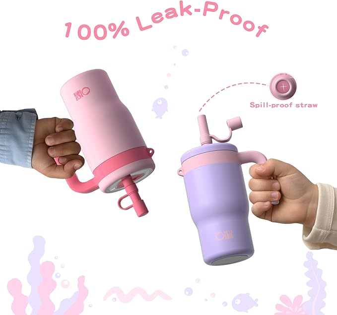 OISIZ 14oz Kids Tumbler with Straw Lid & Handle,Kids Cup with Animal Accessory for School,Kids Water Bottles with Dust-proof Cover,Leakproof Water Bottles,316 Stainless Steel,Keep Cold 24 Hours-pink