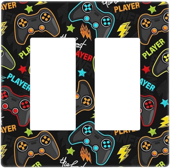 Teen Kid Boys Video Playing Gamer Gaming Game 2 Gang Double Rocker/Decorator Light Switch Cover Funny Controller Decorative Wall Plate Electrical Face Outlet Covers Screwless for Dimmer, USB Outlet
