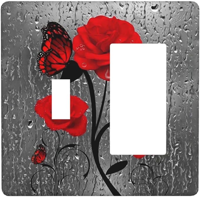 Butterfly Red Rose Flower 2 Gang Single Toggle/Rocker Combination Light Switch Cover Decorative Wall Plate Faceplate Girls Bathroom Bedroom Decorate 4.5" x 4.5