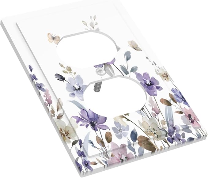 Purple Watercolor Flower Floral Butterfly Outlet Covers 1 Gang Duplex Light Switch Cover Decorative Switch Plates Electrical Receptacle Faceplate Wall Plate for Bedroom Living Room Decor