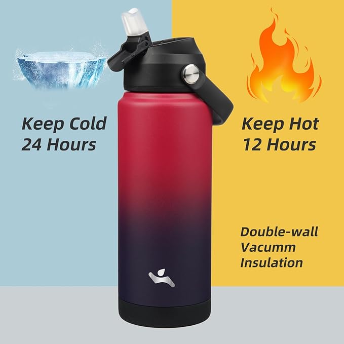 Konokyo Insulated Water Bottle with Straw Lid,24 oz Stainless Steel Vacuum Metal Bottle with Silicone Handle,Rosy Red