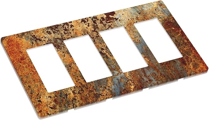 Rust Old Rusty Copper Rustic 4 Gang Quad Rocker/GFCI/Decorator Light Switch Cover Plate Decorative Electric Faceplate Decorative Switchplate Screwless