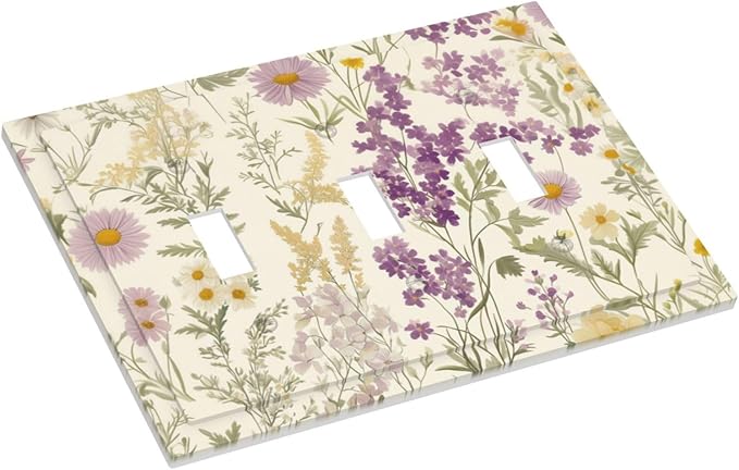 Watercolor Floral Leaves 3 Gang Light Switch Cover Small Purple Flowers Daisies Triple Toggle Wall Plate Decorative Electrical Faceplate for Country Bedroom Kitchen Living Room Home Decor