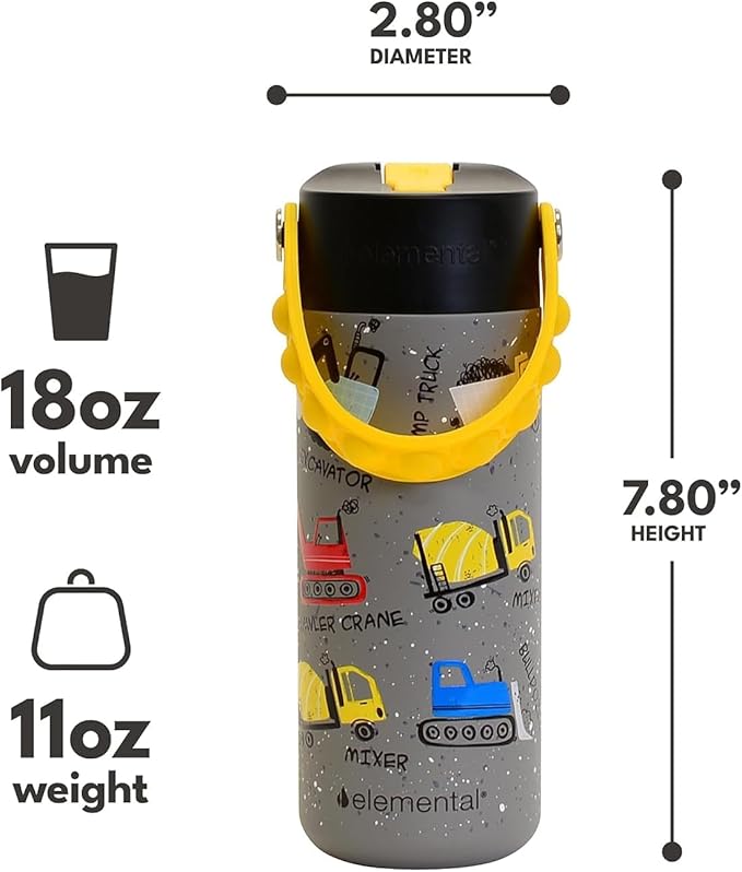 Elemental Insulated Kids Water Bottle, Stainless Steel Water Bottle with Straw Lid & Pop-It Handle, Leak-Proof Water Bottles for School, Boys or Girls, Travelling and Sports, 18oz - Construction