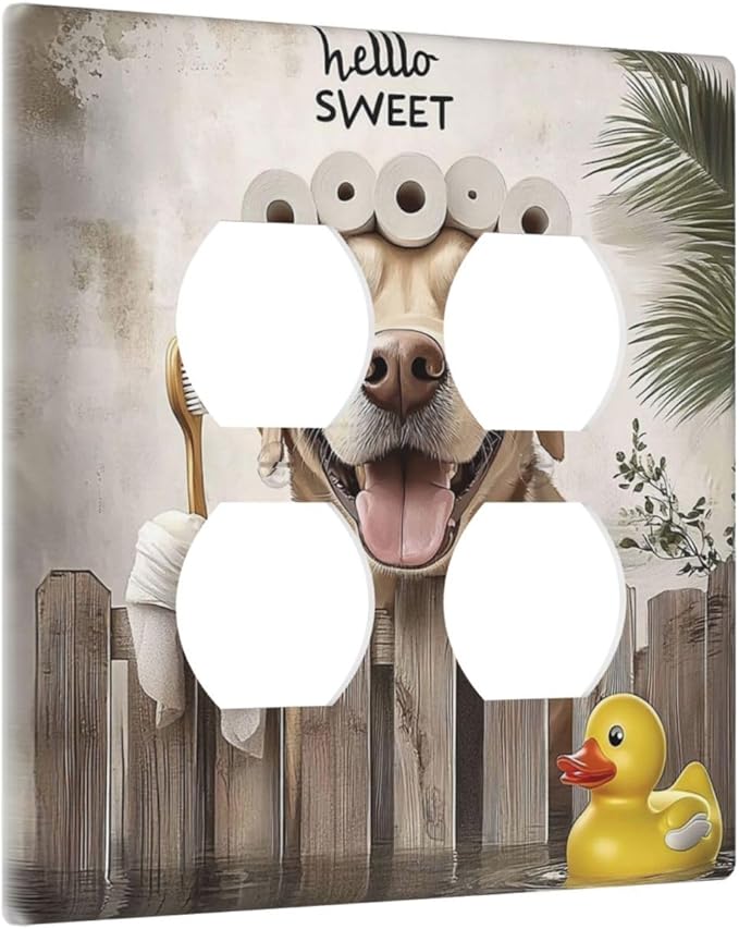 Funny Dog Rustic Farmhouse Wooden Fence Labrador Outlet Covers 2 Gang Double Duplex Decorative Light Switch Covers Electrical Wallplates Socket Faceplate For Kids Room Bathroom Decor