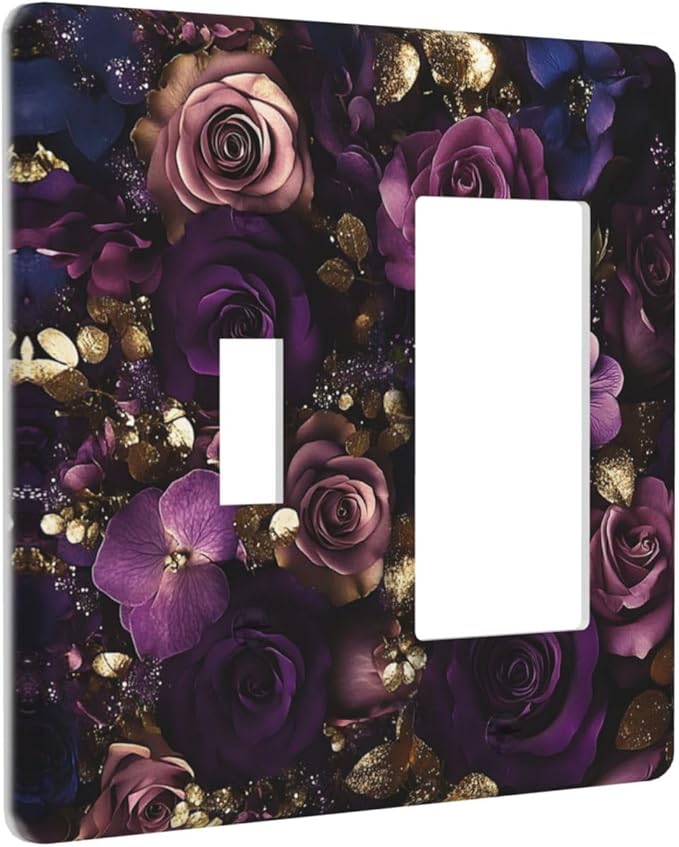 Decorative Toggle Switch Cover Plate with Luxurious Purple Roses Gold Accents Leaves Design 2-Gang 1-Gang Standard Wall Plate Light Switch Cover for Romantic Bedroom/Living Room Decor