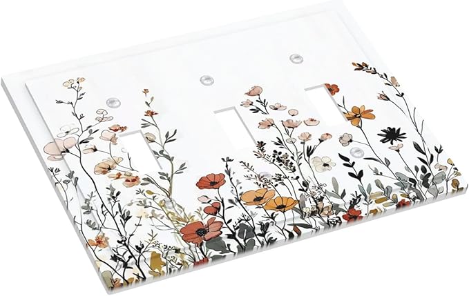 Decorative Switch Plates Vintage Wildflower Colorful Plants Floral 3 Gang Wall Plate Triple Toggle Light Switch Cover Faceplate Electrical Wall Panels For Bed Room Living Room Decor