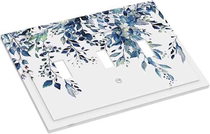 Blue Eucalyptus Watercolor Leaves 3 Gang Light Switch Plate Decorative Green Plant Triple Toggle Wall Plate Cover Electrical Faceplate Switchcover for Kidroom Bathroom Home Bedroom Art Panel Decor