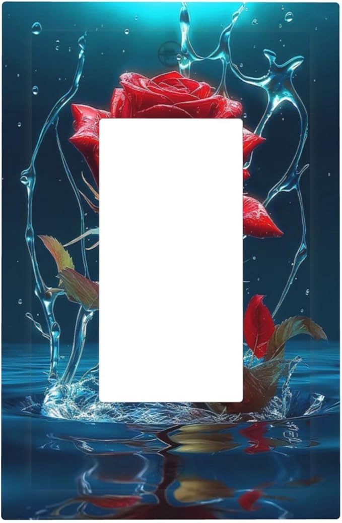 Red Rose Blue Water Drips 1 Gang Rocker Light Switch Plate Single Decora Outlet Wall Plate Cover Faceplate Decorative Switchplate GFCI for Kidroom Bathroom Living Room Bedroom Decorate