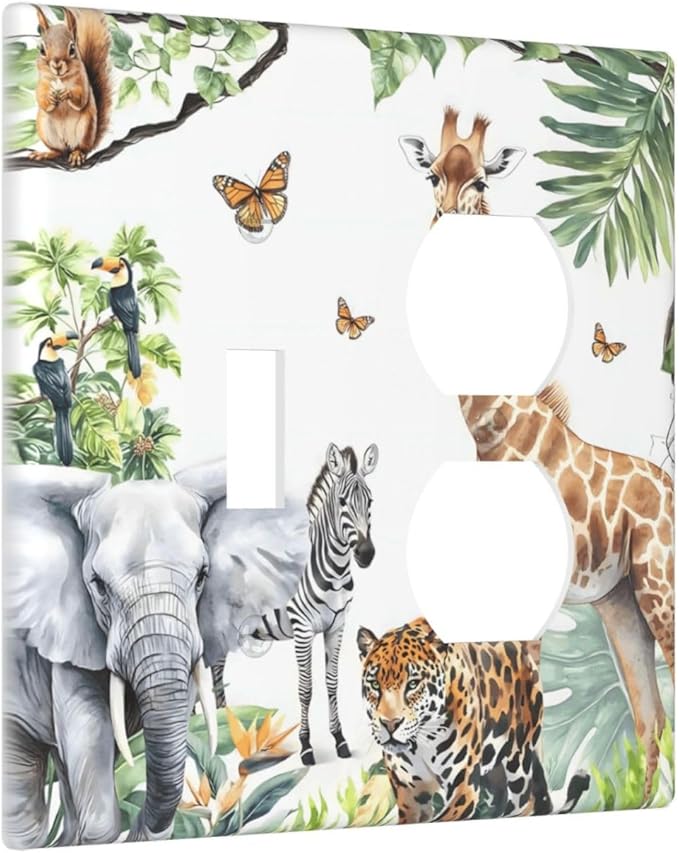 Elephant Giraffe Jungle Animals Leopard Zoo Wallplates 1 Toggle 1 Duplex Switch Plate Electrical GFCI Faceplate Decorative Light Switch Covers for Kids Room Nursery Decor