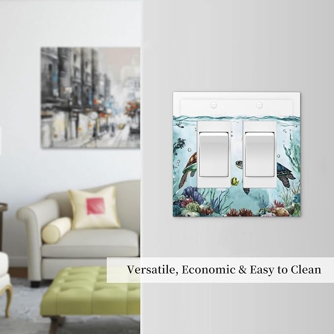 Sea Turtles Sea Coral Seaweed Ocean Jellyfish Decorative Outlet Covers 2 Gang Double GFCI Rocker Electrical Wall Panels Light Switch Cover Plate for Kids Room Bathroom Decor