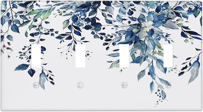 Blue Eucalyptus Watercolor Leaves Quad Toggle Light Switch Cover Decorative Green Plant 4 Gang Wall Plate Electrical Faceplate Switchplate for Kidroom Bathroom Bedroom Living Room Decor