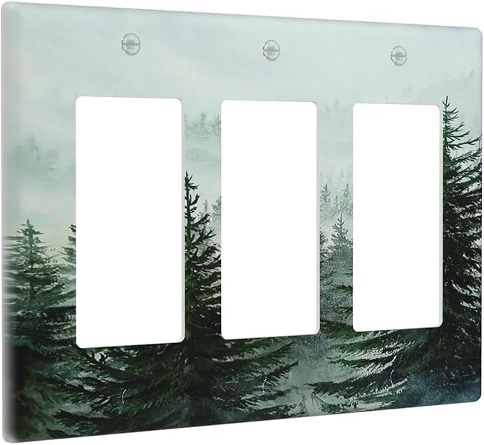 Forest Pinetrees Misty Landscape Nature Light Switch Covers 3 Gang Rocker Decorative Triple Outlet Wall Plate Cover Switchplate Electrical Gfci for Bedroom Farmhouse Decor