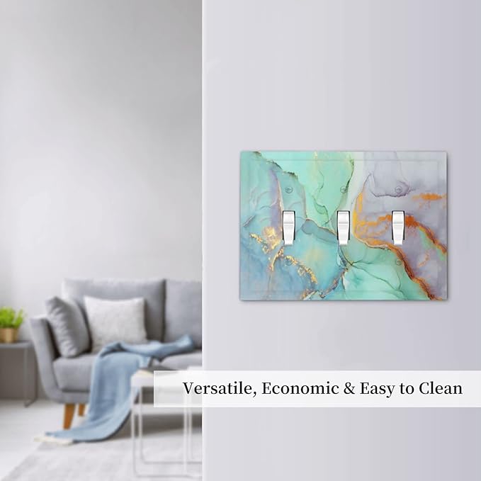 Teal Green Marble 3 Gang Triple Toggle Light Switch Wall Plate Cover Decorative Electrical Faceplate for Rustic Barn Door Home Living Room Decorate 6.7" x 4.8