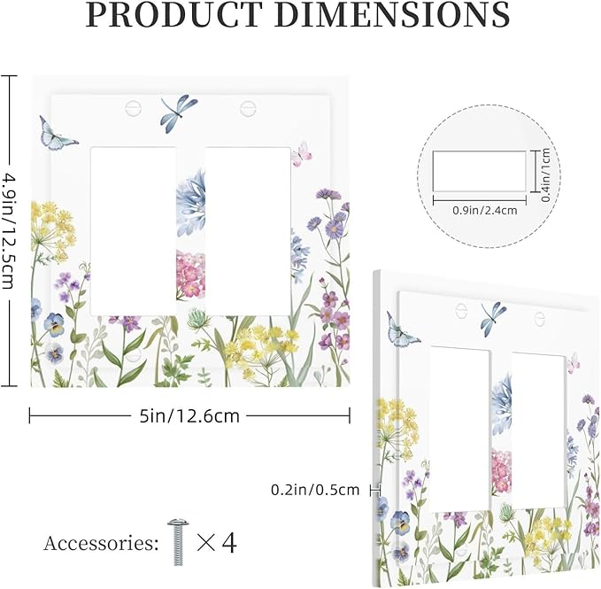 Colorful Wildflowers Dragonfly Lavender Butterfly Insect Decorative Outlet Covers 2 Gang Double GFCI Rocker Electrical Wall Panels Light Switch Cover Plate for Bedroom Living Room Decor