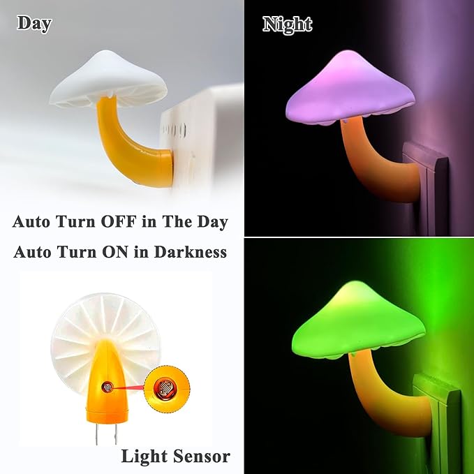 Sensor LED Night Light, Color Changing Mushroom Night Light Plug-in Wall Based Lamp, Gift for Kids Adults, Cute Mushroom Nursery Light for Bedroom, Bathroom, Kitchen, Hallway and Stairs