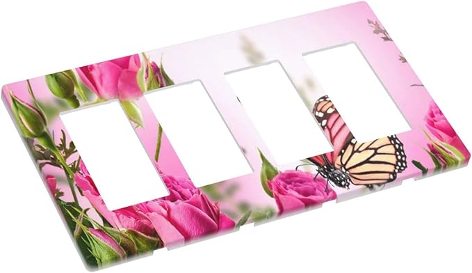 Floral Butterfly Pink Rose 4 Gang Quad Rocker/Decor Light Switch or Receptacle Outlet Wall Plate Cover Plate Decorative Electrical Faceplate for Bathroom Room Decorate Jumbo Standard Size 8.3" x 4.6