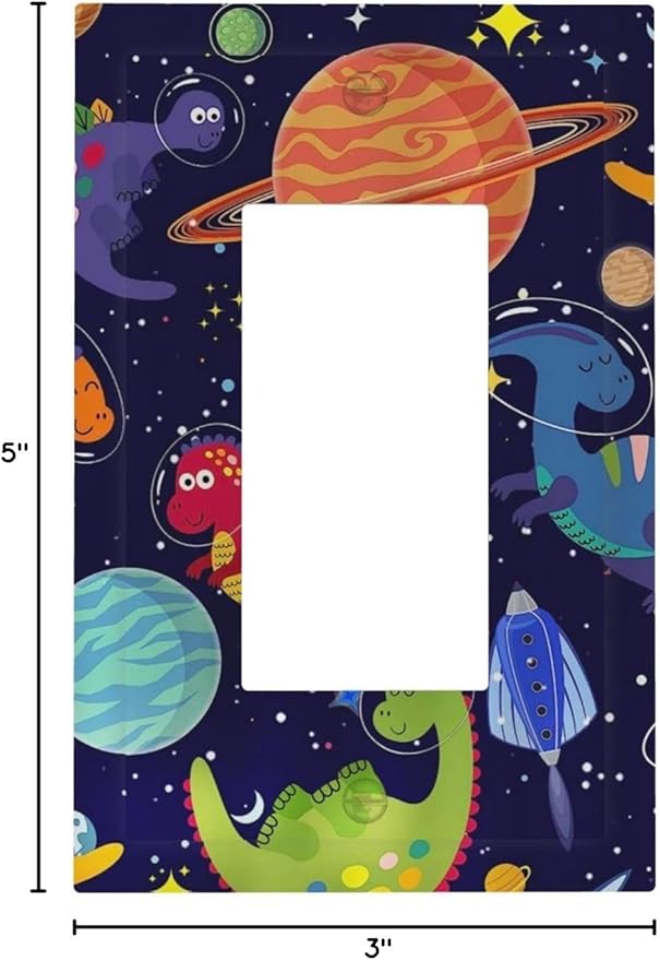 Funny Astronaut Dino Kids Dinosaur Outer Space Nebula Planet Boy Playroom 1 Gang Electrical Decora/GFCI Device Wallplate Single Decorator Rocker Outlet Light Switch Cover Electrical Faceplate Dimmer