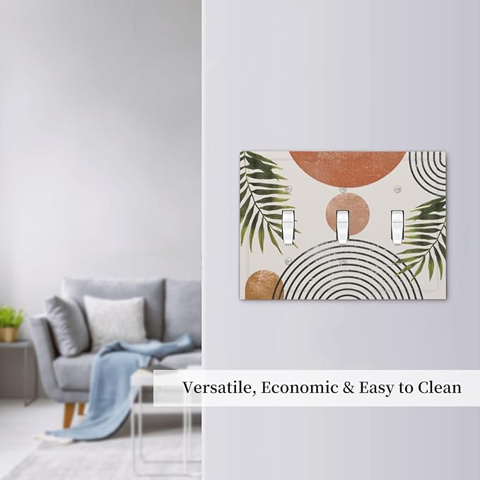 Beautiful Boho Mid Century Large Archs Sun Leaves Plants Decorative Switch Plates 3 Gang Wall Plate Triple Toggle Light Switch Cover Faceplate Electrical Wall Panels for Bedroom Living Room Decor