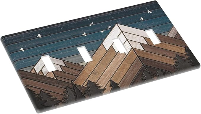 Rustic Geometric Mountain Wilderness Wood 4 Gang Wall Plate Quad Toggle Light Switch Cover Decorative Outlet Covers Electrical Light Switches Faceplate for Bedroom Bathroom Kitchen Decor