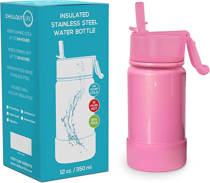 CHILLOUT LIFE 12 oz Kids Insulated Water Bottle for School with Straw Lid Leakproof and Cute Waterproof Stickers, Personalized Stainless Steel Thermos Flask Metal Water Bottle, Pink Sparkle