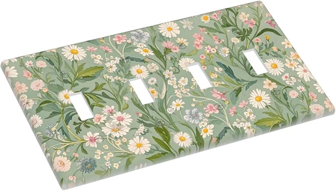 Decorative Switch Plate Cover with Vintage Wildflowers & Daisies on Light Green Background Design 4 Gang Artistic Wall Plate Unique Quad Toggle Light Switch Covers