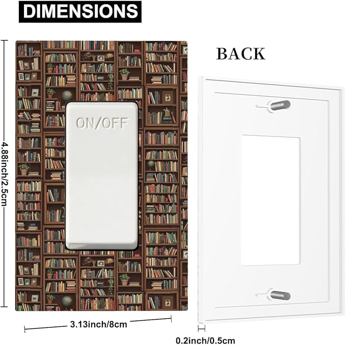 Vintage Library Bookshelf Single Rocker Switch Cover - 1-Gang Standard US Size Dark Academia Book Lover's Dream Light Switch Covers, Cozy Bookshelf for Study Room Decor