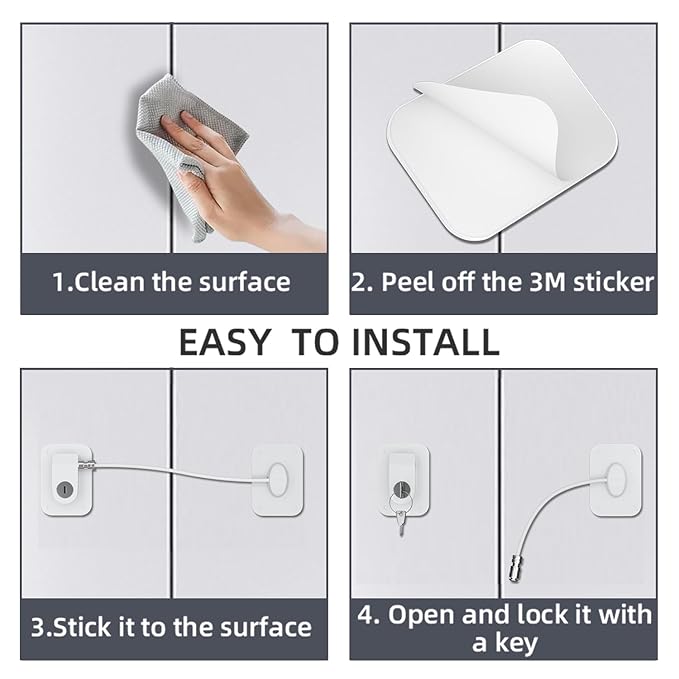 RORMGO Refrigerator Lock 2 Packs, Fridge Lock with Silicone Wire Protection Fridge Locks for Kids Easy to Use and Install Cabinet Locks with Key, White