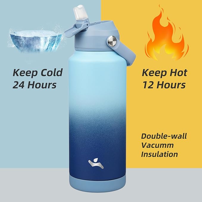 Konokyo Insulated Water Bottle with Straw Lid,32 oz Stainless Steel Vacuum Metal Bottle with Silicone Handle, Sky