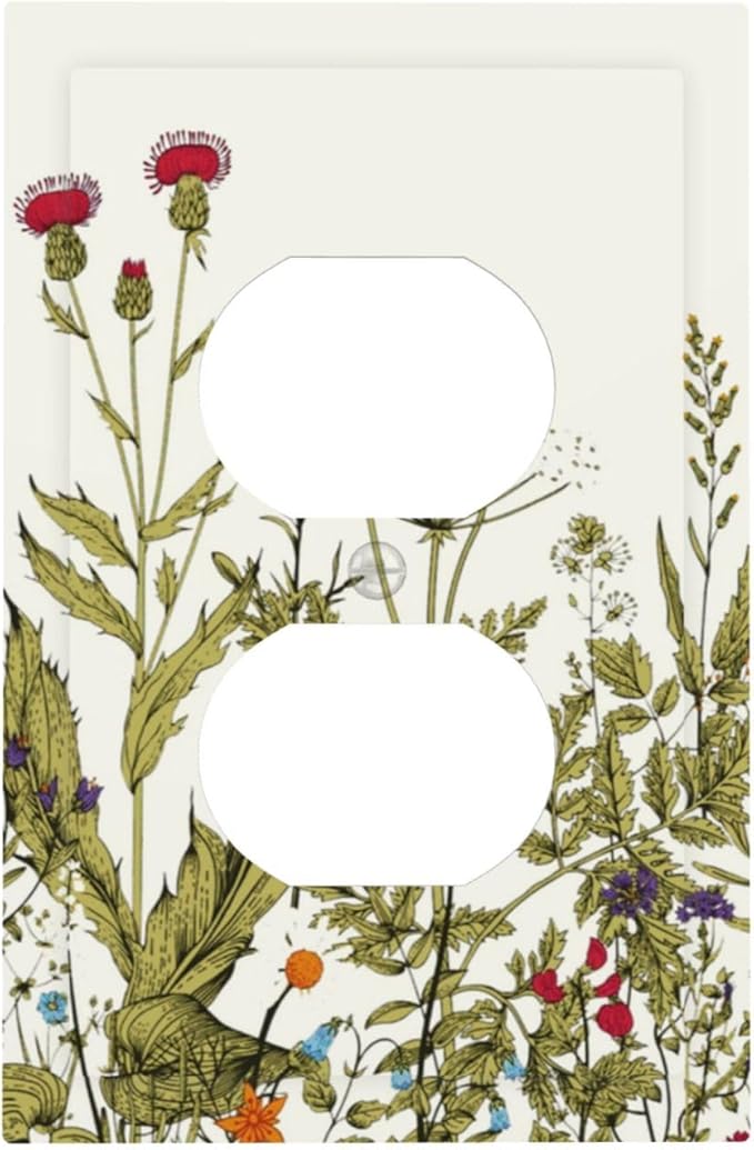 Colorful Country Vintage Colored Wild Flowers Floral 1 Gang Device Duplex Outlet Covers Receptacle Wallplate Blossom Herbs Spring Plant Sage Decorative Light Switch Cover Switch Face Wall Socket Plate