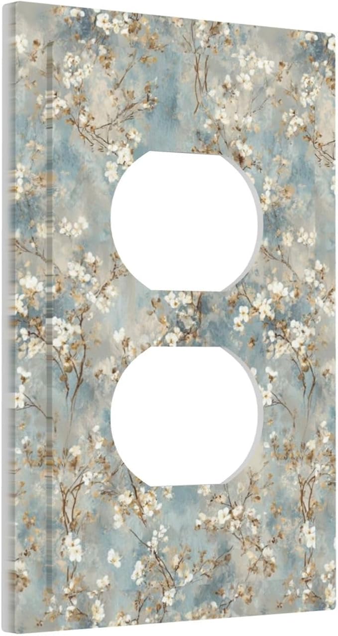 Decorative Outlet Covers Rustic Blue White Plum Blossom Flower 1 Gang Duplex Light Switch Cover Plate Unique Wall Plates for Electrical Switch Plate Covers for Bedroom Home Decor