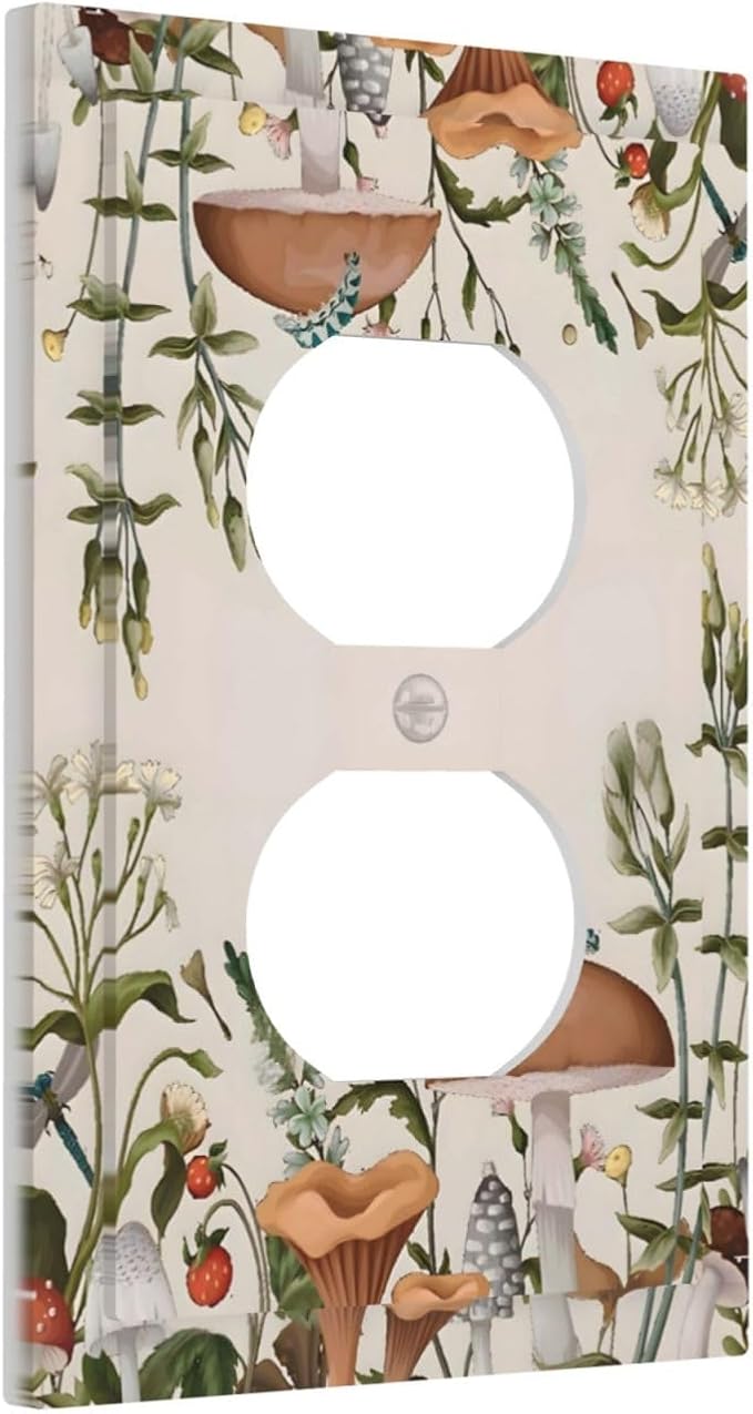 Boho Mushroom Forest Plants Wildflowers Insects Outlet Covers 1 Gang Duplex Light Switch Cover Decorative Switch Plates Electrical Receptacle Faceplate Wall Plate for Kids Room Home Decor