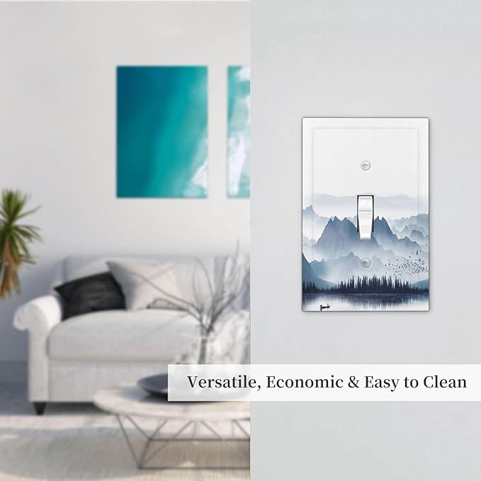 Decorative Light Switch Cover Mountain Foggy Lake Boat Grey Blue Forest Birds 1 Gang Single Toggle Decorator Outlet Wall Plate Device Electrical Faceplate Switchplates for Bedroom