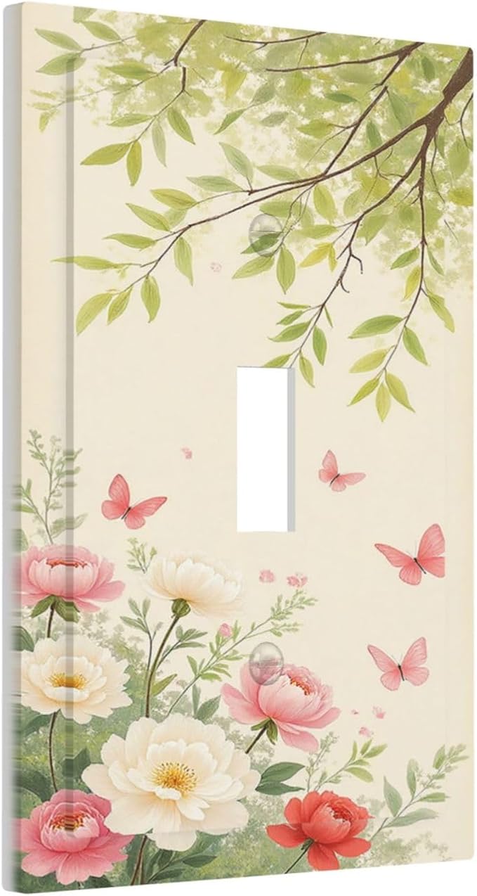 Decorative Light Switch Cover Garden Flowers Green Leaves And Butterflies 1 Gang Single Toggle Decorator Outlet Wall Plate Device Electrical Faceplate Switchplates for Bedroom Cabin Decor