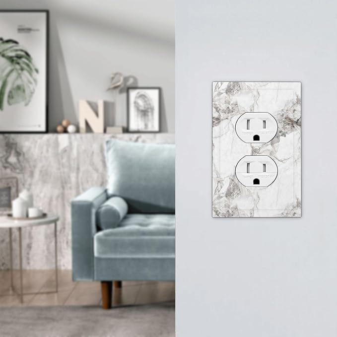 White And Gray Marble Patterns Texture Abstract Print Outlet Covers 1 Gang Duplex Light Switch Cover Decorative Switch Plates Electrical Receptacle Faceplate Wall Plate for Bathroom Kitchen Decor