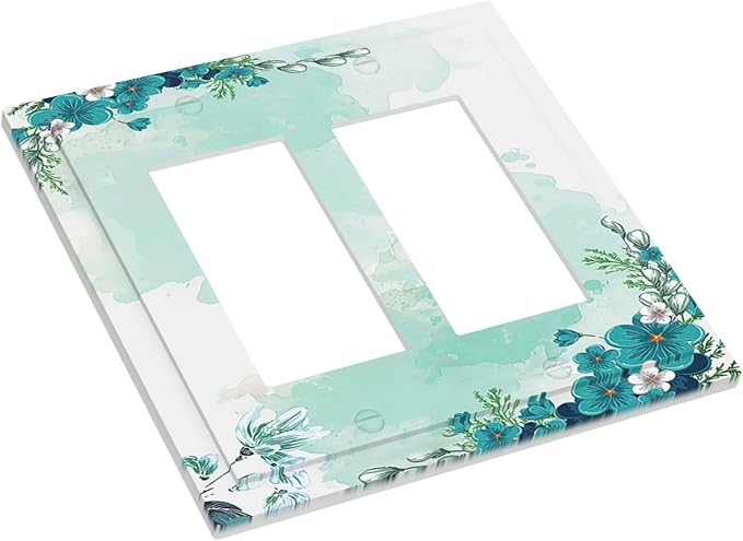 Decorative Outlet Covers Blue Green Flowers Light Green Watercolor Patterns 2 Gang Double GFCI Rocker Electrical Wall Panels Light Switch Cover Plate for Bedroom Home Decor