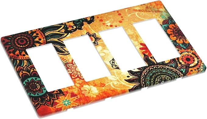 Red Orange Boho Bohemian Flower Floral 4 Gang Quad Rocker Light Switch Cover Decorative Quadruple Device GFCI/Decorator Wall Plate Electric Faceplate Screwless