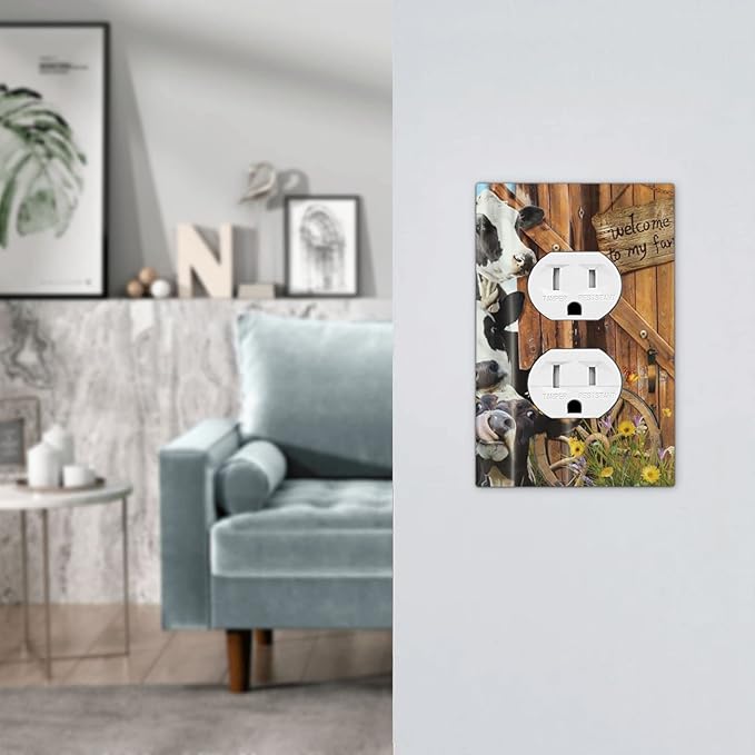Decorative Switch Plate Covers Farm Cow Farmhouse Barn Door Rustic Vintage Wooden 1 Gang Receptacle Duplex Wall Plate Light Switch Cover Single Dual Device Outlet Plate Electrical Faceplate