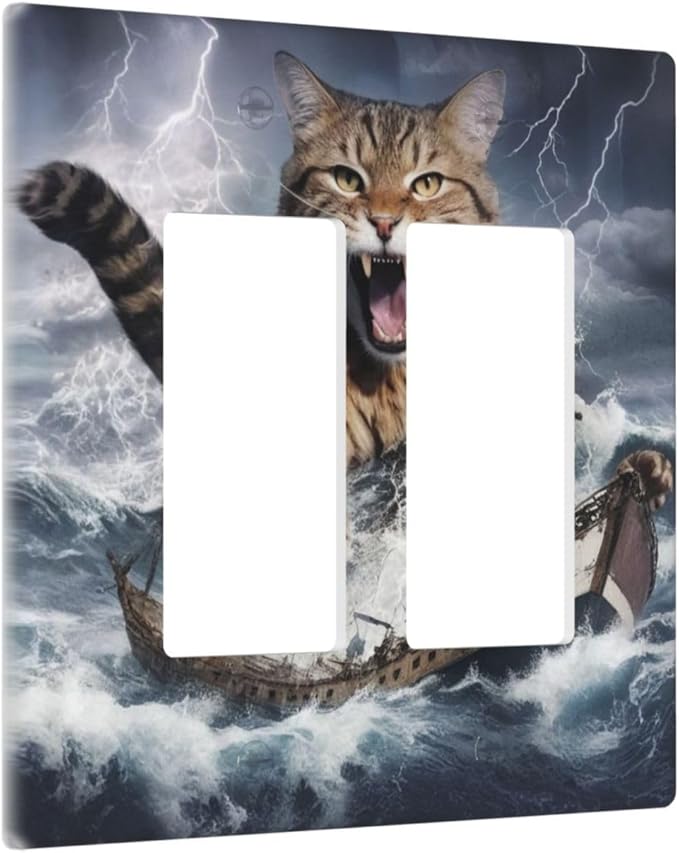 Decorative Outlet Covers Funny Cat Sea Ship Ocean Billow Wave Novelty 2 Gang Wall Plate Double Rocker Switch Light Switch Plate Covers Jumbo Dual Electrical GFCI Switch Cover Plate