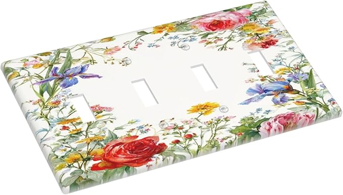 Decorative Light Switch Cover Plate Rustic Red Flower Garden Floral 4 Gang Wall Plates for Electrical Outlets Quad Toggle Switch Plate Covers Outlet Covers Faceplate for Country Home Decor