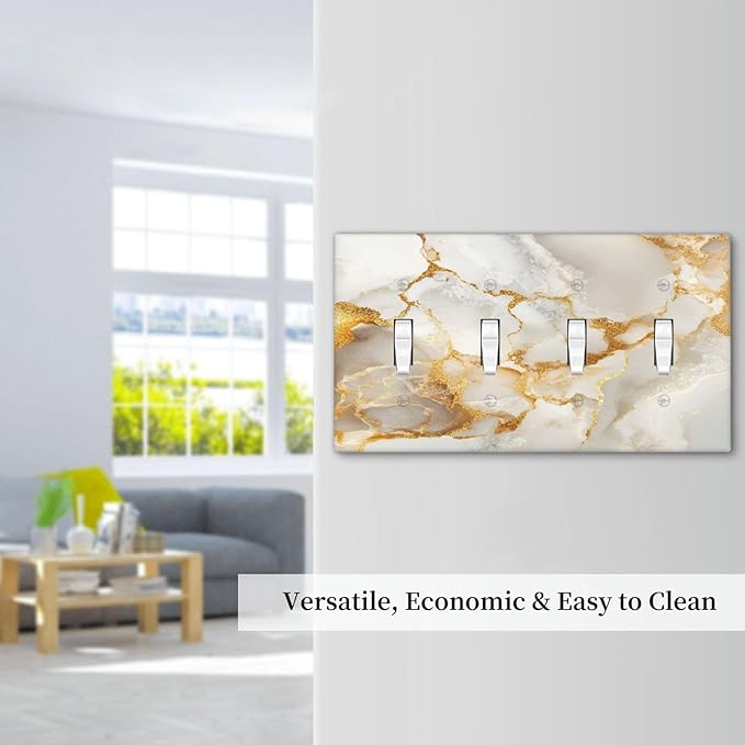 Gold Marble Crack Simple Abstract Print Light Switch Covers Quad Toggle Electrical Faceplate 4 Gang Wall Plate Decorative Switch Plates for Bathroom Kitchen Home Decor