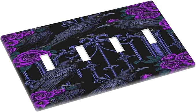 Light Switch Covers Gothic Style Crow Purple Flowers Quad Toggle 4 Gang Wall Plate Electrical Faceplate Decorative Switch Plates for Bedroom living Room Decor