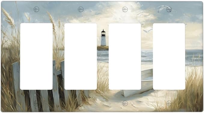 Sea Beach 4 Gang Light Switch Cover Old Ship Reed Lighthouse Seascape Quad Rocker Outlet Covers Switchplates Wall Plate Decorative Faceplate for Bedroom Kitchen Living Room Decor