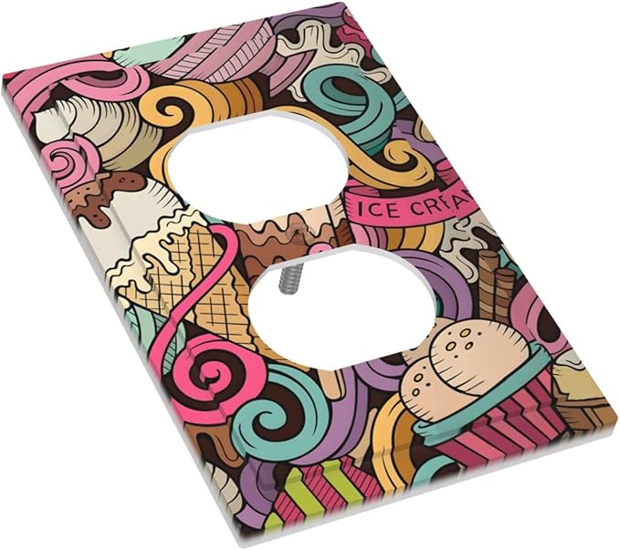 Cartoon Hand Drawn Ice Cream Doodles Colorful Print Outlet Covers 1 Gang Duplex Light Switch Cover Decorative Switch Plates Electrical Receptacle Faceplate Wall Plate for Kids Room Nursery Decor
