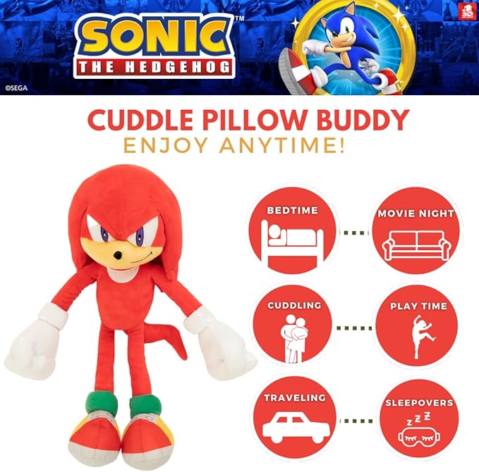 Sonic The Hedgehog Anime Knuckles The Echidna Kids Plush Cuddly Cuddle Pillow, Super Soft & Cozy, 18.50" Tall, (Officially Licensed Product) by Franco