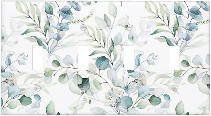 Green Eucalyptus Leaf Decorator Light Switch Cover Wall Plate 4 Gang Quad Toggle, Watercolor Spring Boho Eucalyptus Leaves Tree Top Wild Flower Decorative Electrical Outlet Cover Switchplate Faceplate