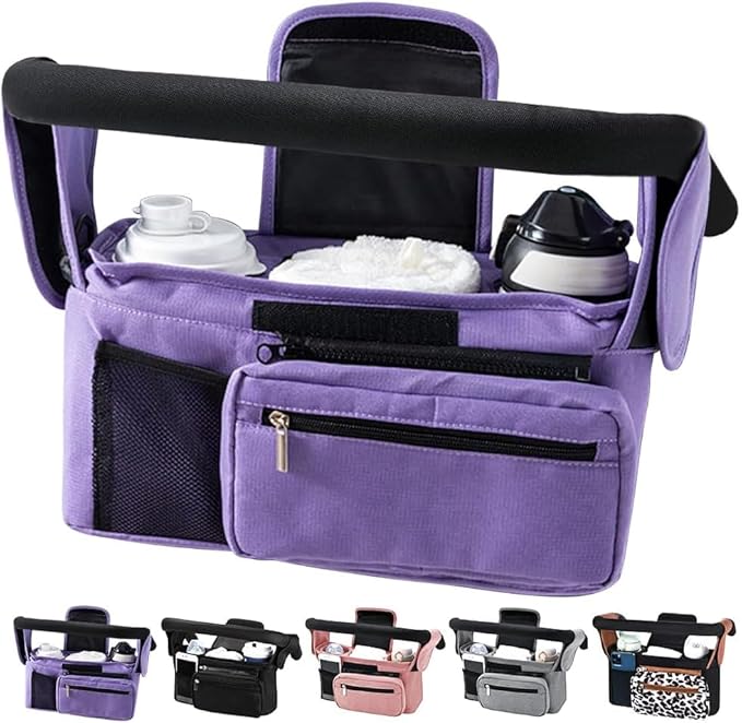 Baby Stroller Organizer, Universal Stroller Organizer with Detachable Phone Bag, Stroller Caddy with 2 Insulated Cup Holders, Buggy Organizer Bag with 2 Hooks Fits Most Strollers (Purple)