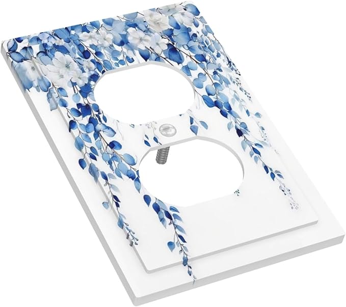 Blue Eucalyptus Leaves Floral Vine Flower Outlet Covers 1 Gang Duplex Light Switch Cover Decorative Switch Plates Electrical Receptacle Faceplate Wall Plate for Bedroom Living Room Decor