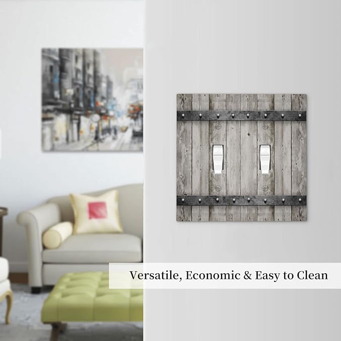 Farmhouse Grey Wood Barn Door Double Toggle Light Switch Cover Decorative 2 Gang Electrical Switchplate Faceplate Rustic Country Gray Wall Plates for Kitchen Bedroom Bathroom Dector (Plastic）
