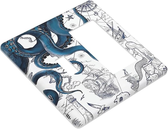 Nautical Vintage Map Octopus Mermaid Lighthouse Boat Outlet Covers 1 Toggle 1 Rocker Combination Decorative Wall Plate Electrical Switch Plates Light Switch Cover Plate for Bathroom Kids Room Decor